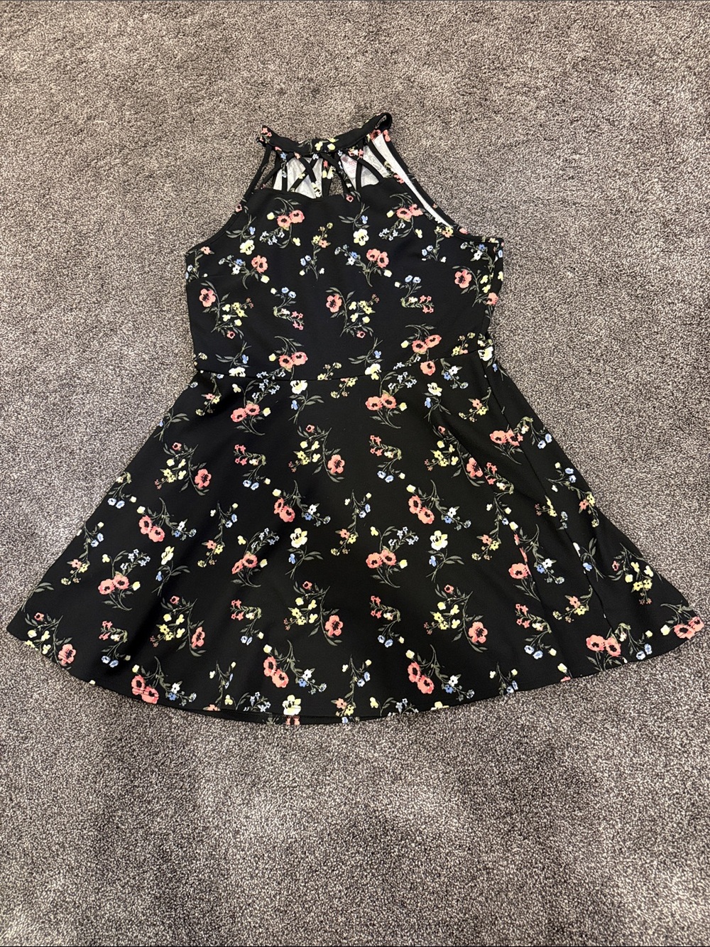 No Boundaries Black Floral Halter Skater Dress with Pink & Yellow Flowers